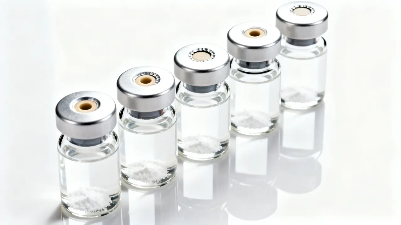 Laboratory-grade research peptide vials on a pristine white surface