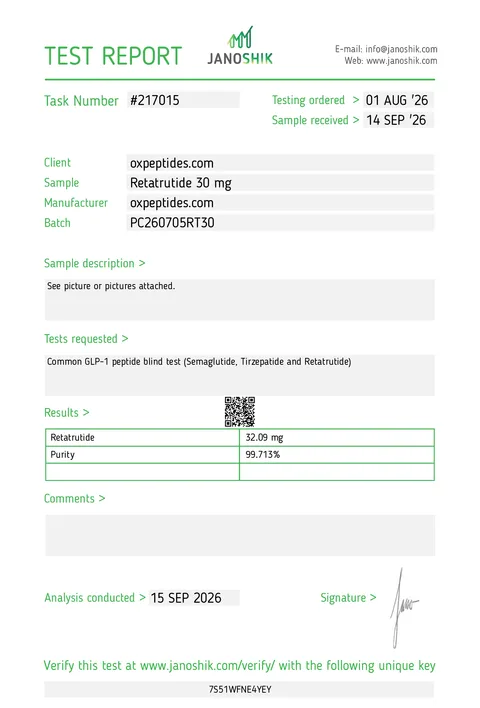 Rapporto di analisi Janoshik n. 217015, Retatrutide 30 mg