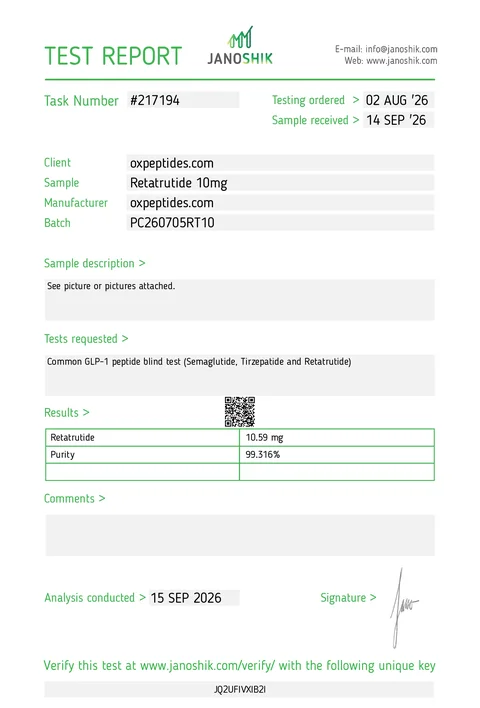 Informe de análisis Janoshik n.º 217194, Retatrutide 10 mg