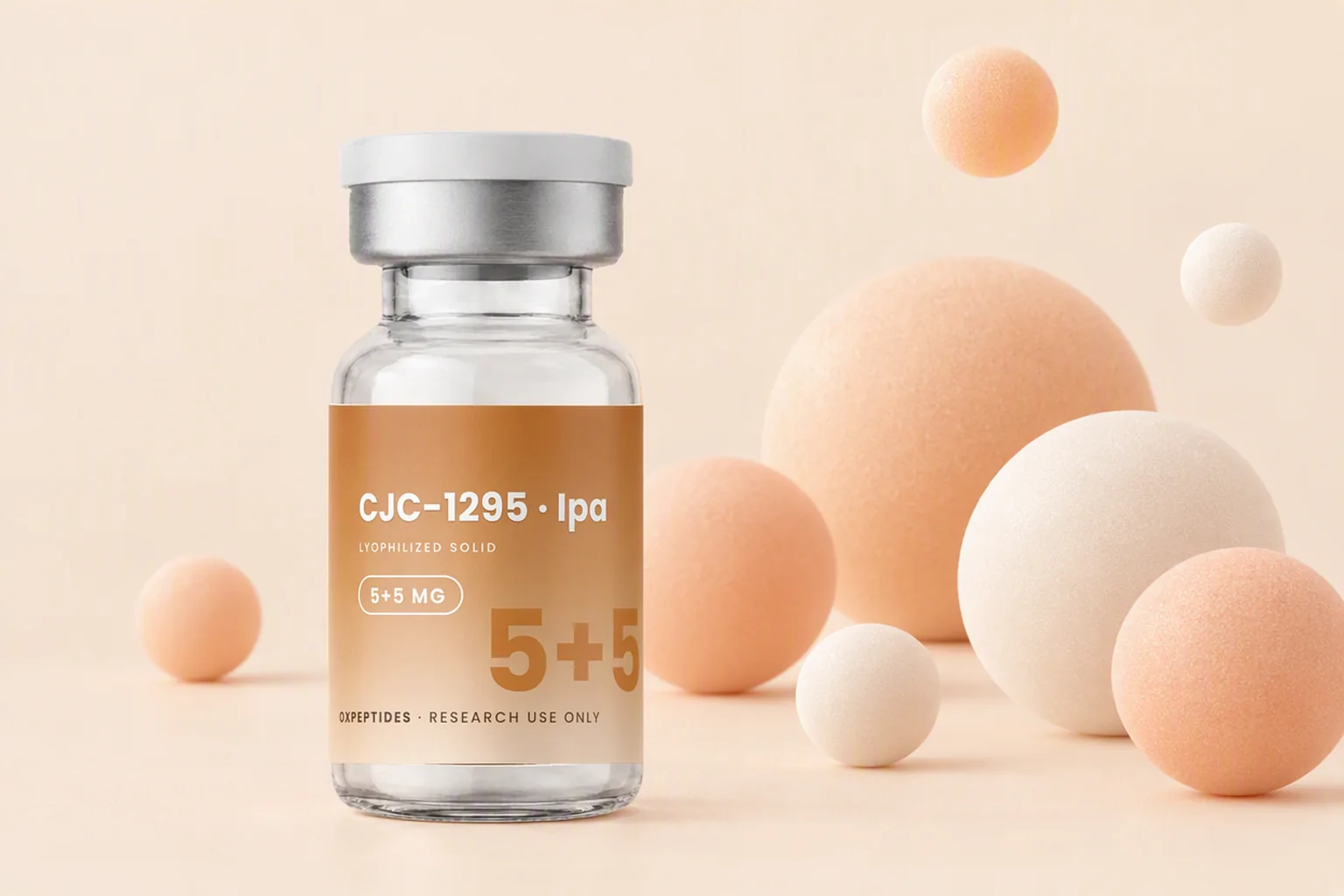 CJC-1295 / Ipamorelin 5 + 5 mg blend vial among soft pastel apricot spheres