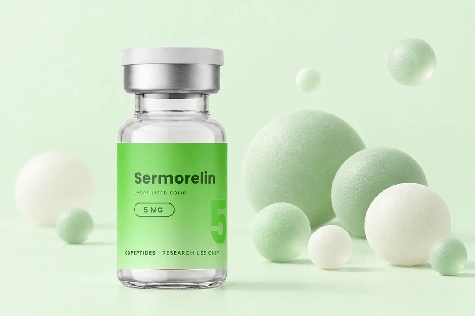 Sermorelin 5 mg lyophilized vial among soft pastel green spheres